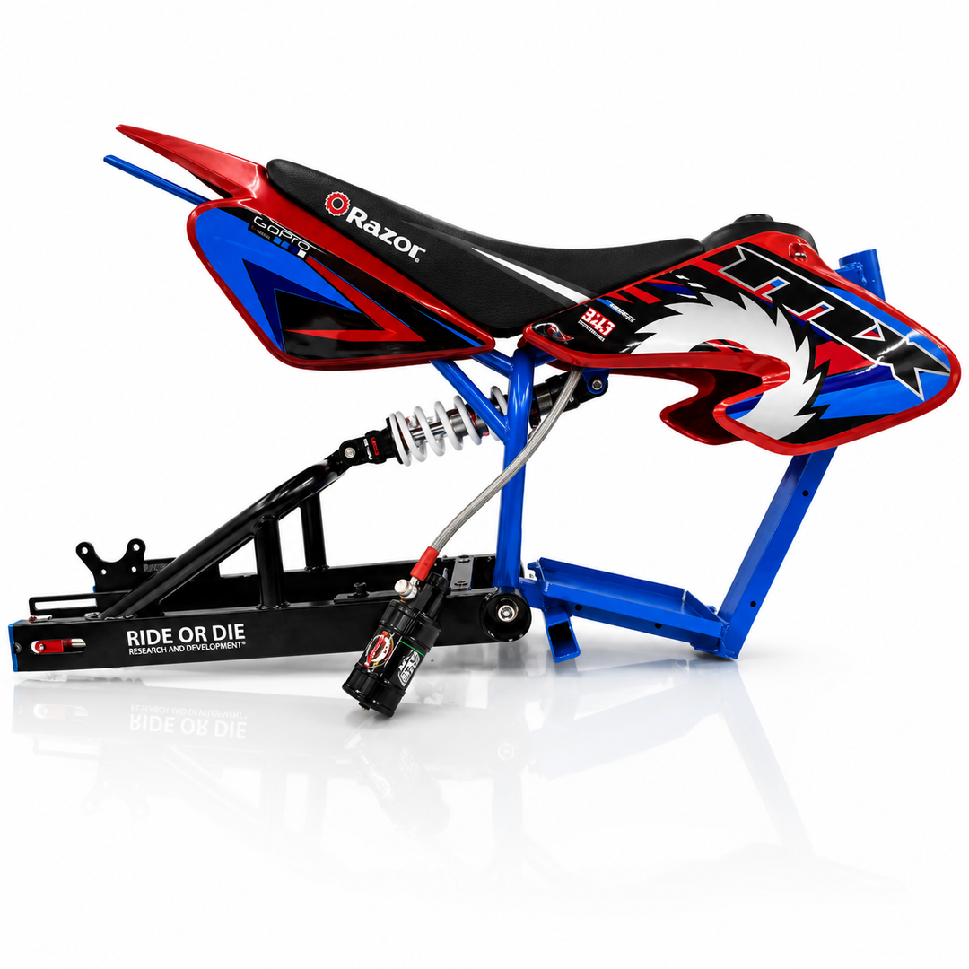 Razor electric bike with red, blue, and black design on a white background
