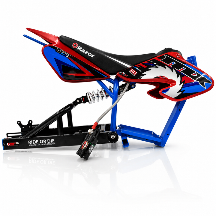 Razor electric bike with red, blue, and black design on a white background