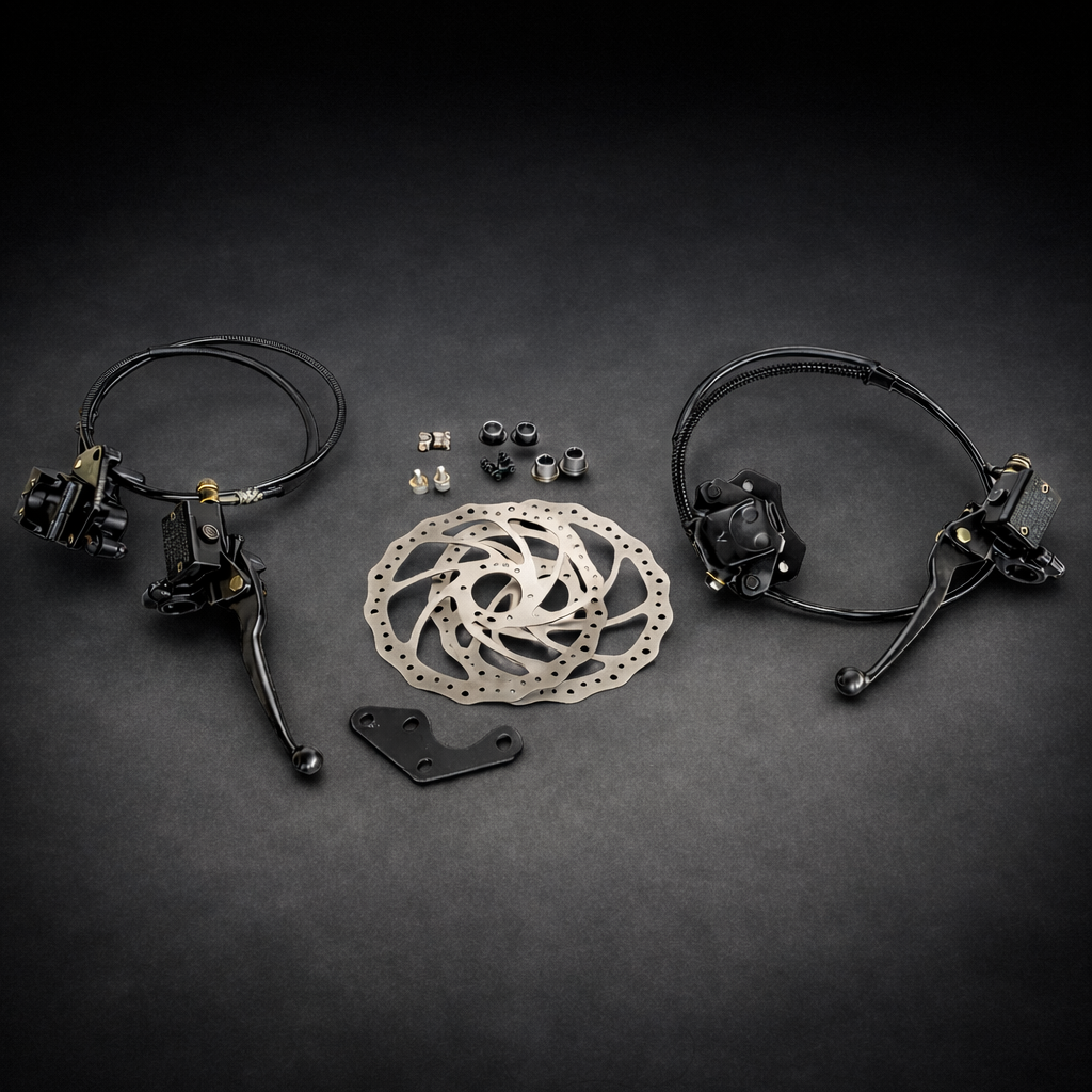 Bicycle brake components on a dark gray background