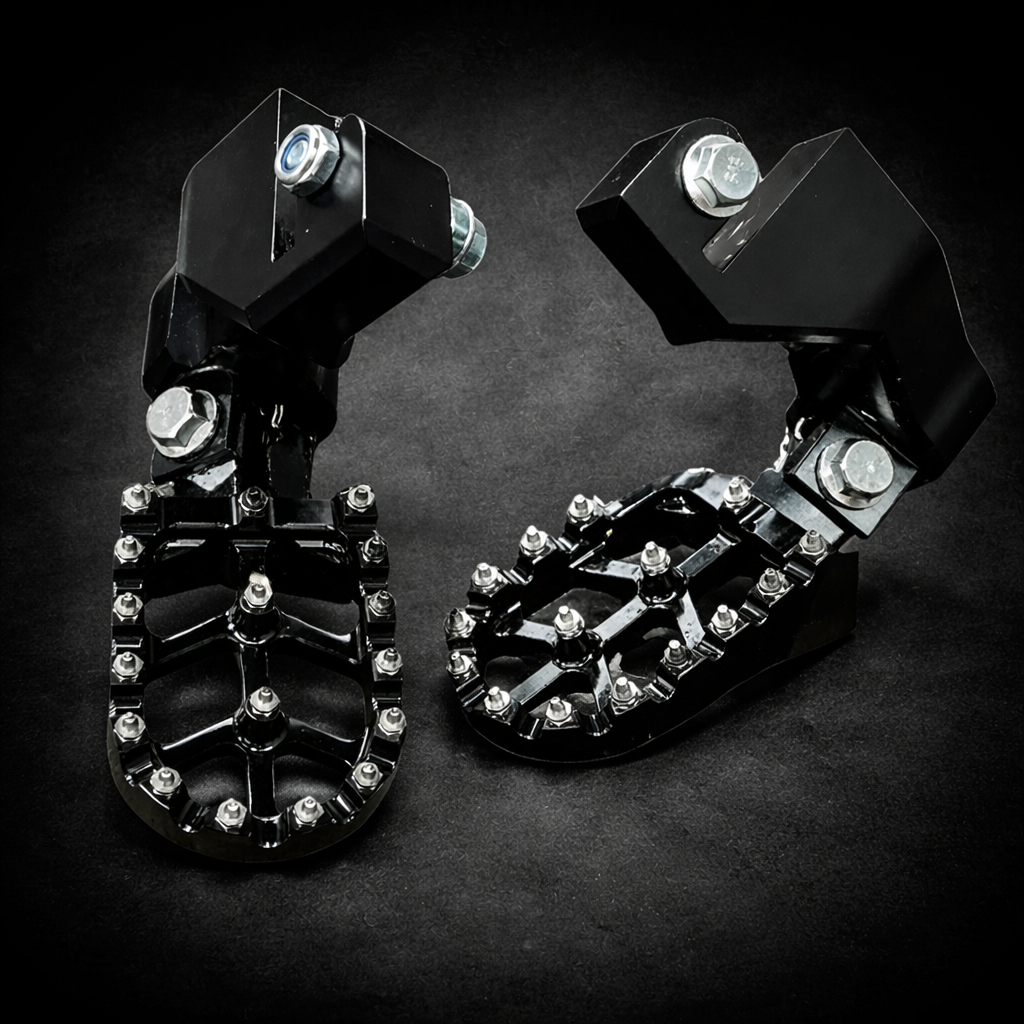 Black motorcycle foot pegs with metallic accents on a dark background