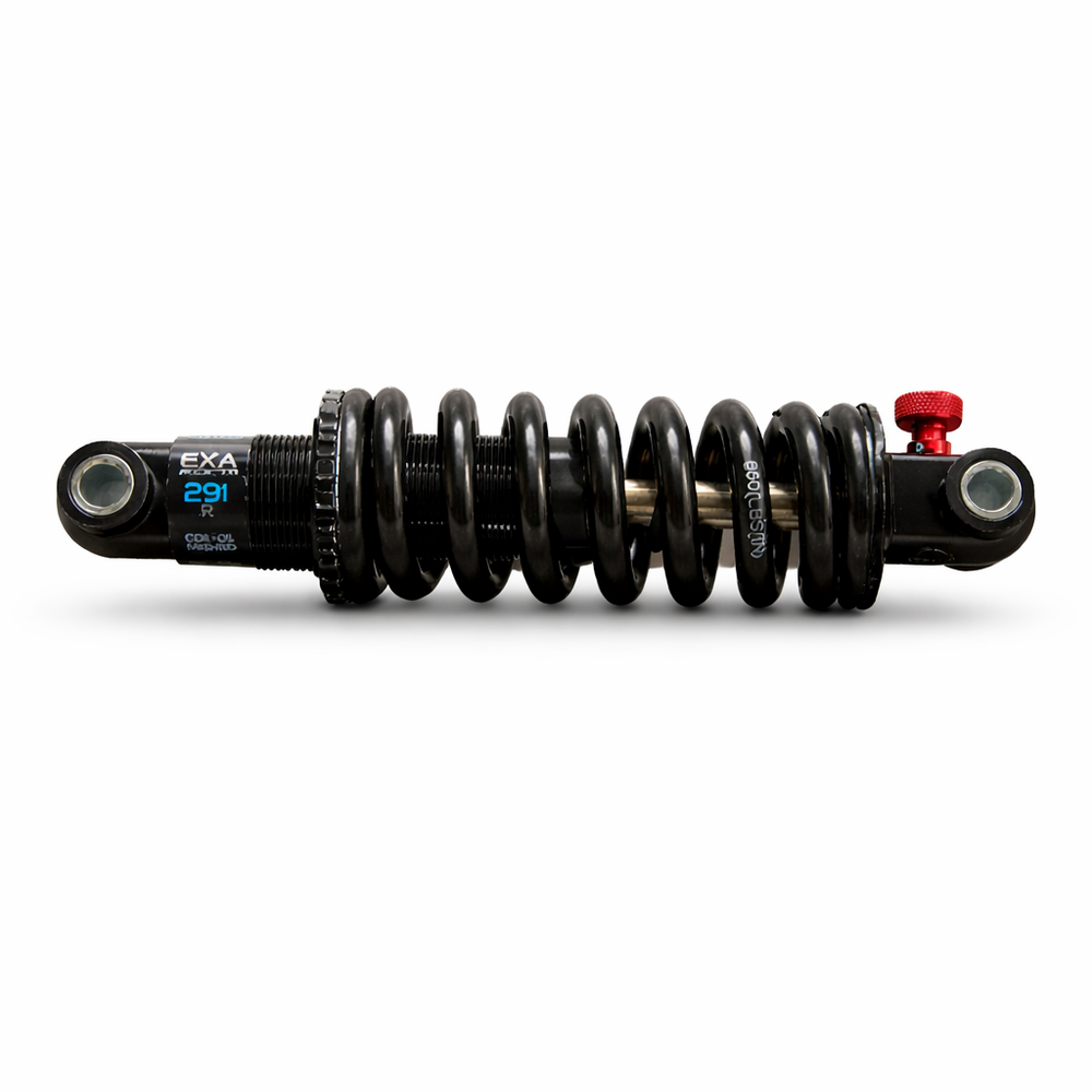 Black shock absorber with EXA branding on a white background