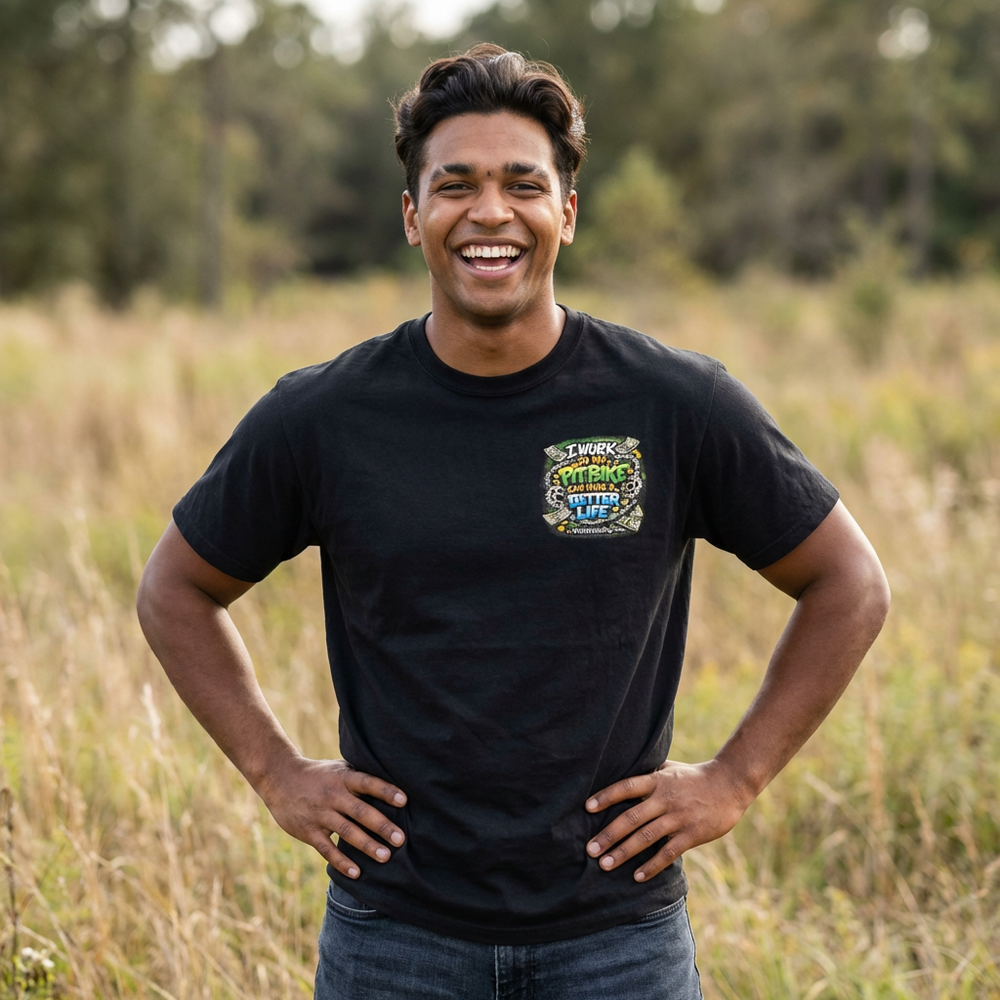 Man wearing a black t-shirt with a logo standing in a field