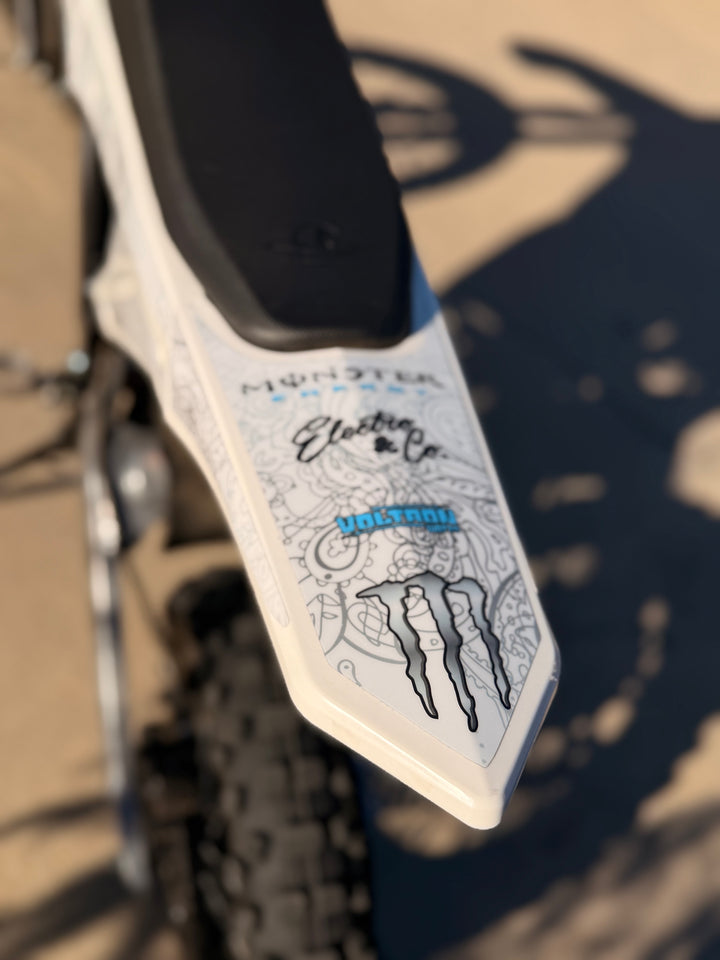 Close-up of a motorcycle fender with branding and design details.