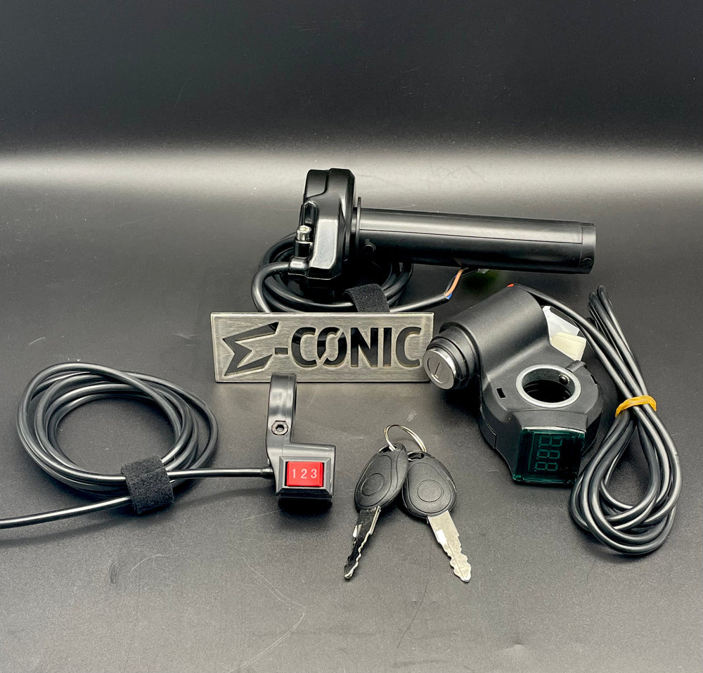 Motorcycle parts including a throttle, key, and digital display on a gray background with 'E-Conic' branding.