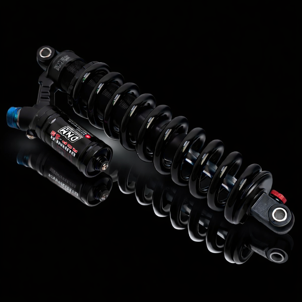 Motorcycle shock absorber with KYB branding on a black background