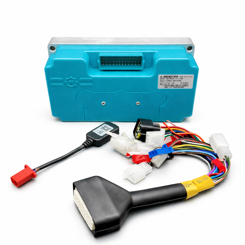 Blue electronic device with wiring harnesses on a white background