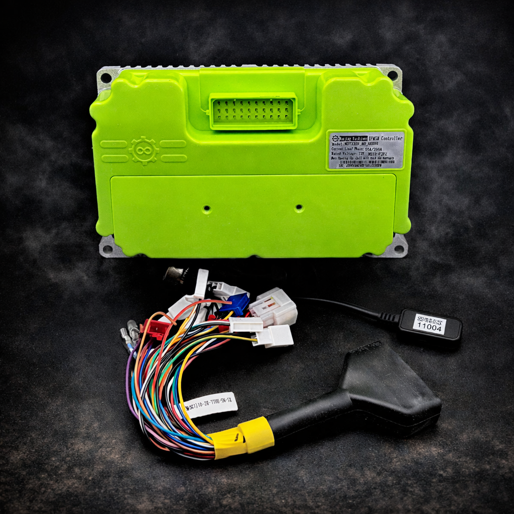 Green electronic module with wiring harness and scanner on a dark background