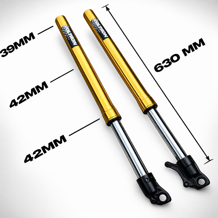 Two shock absorbers with measurements labeled on a white background